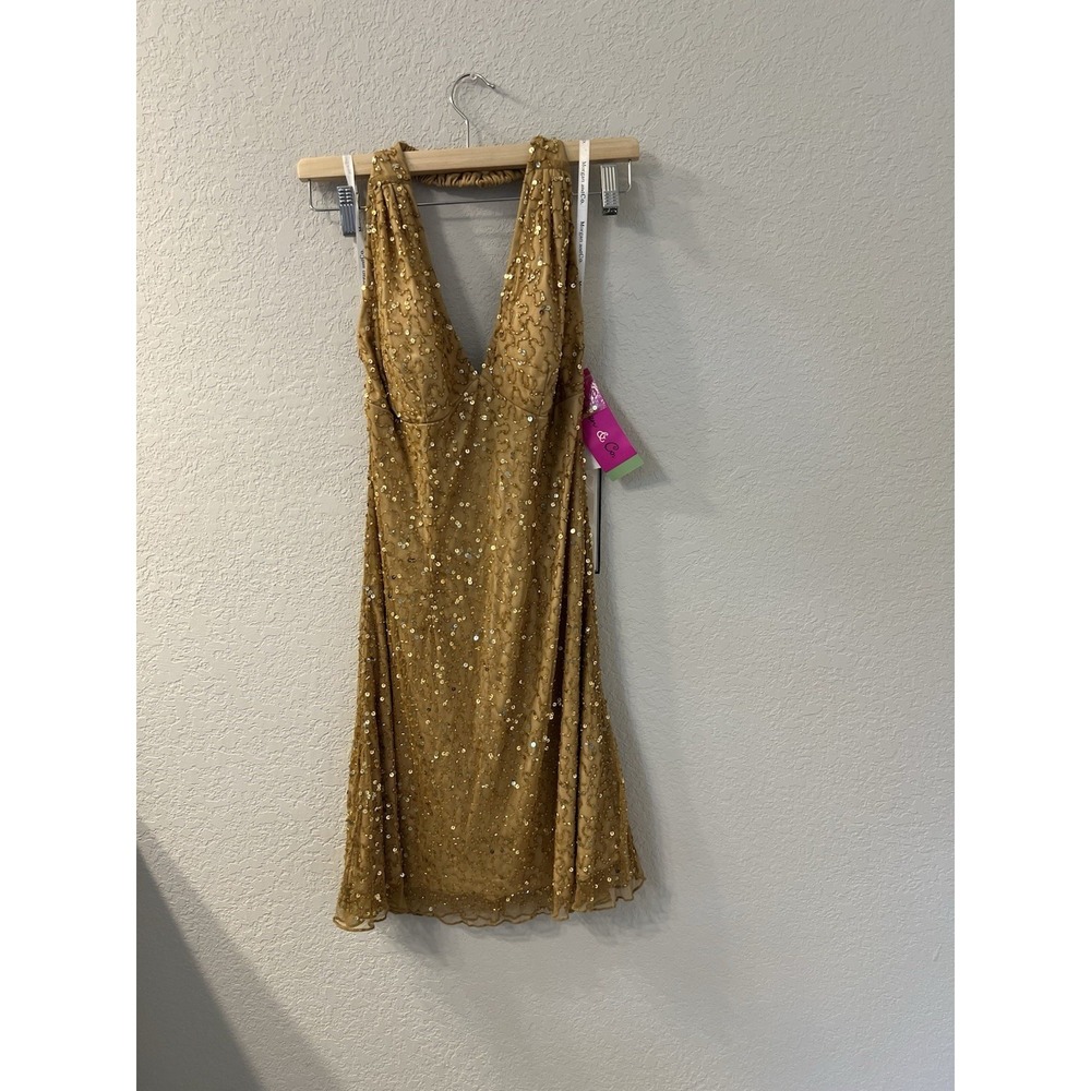 Morgan & Co Gold Sequin Halter Cocktail Dress Women's 9/10